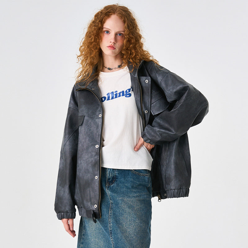 Distressed Stand Collar Outdoor Leather Jacket