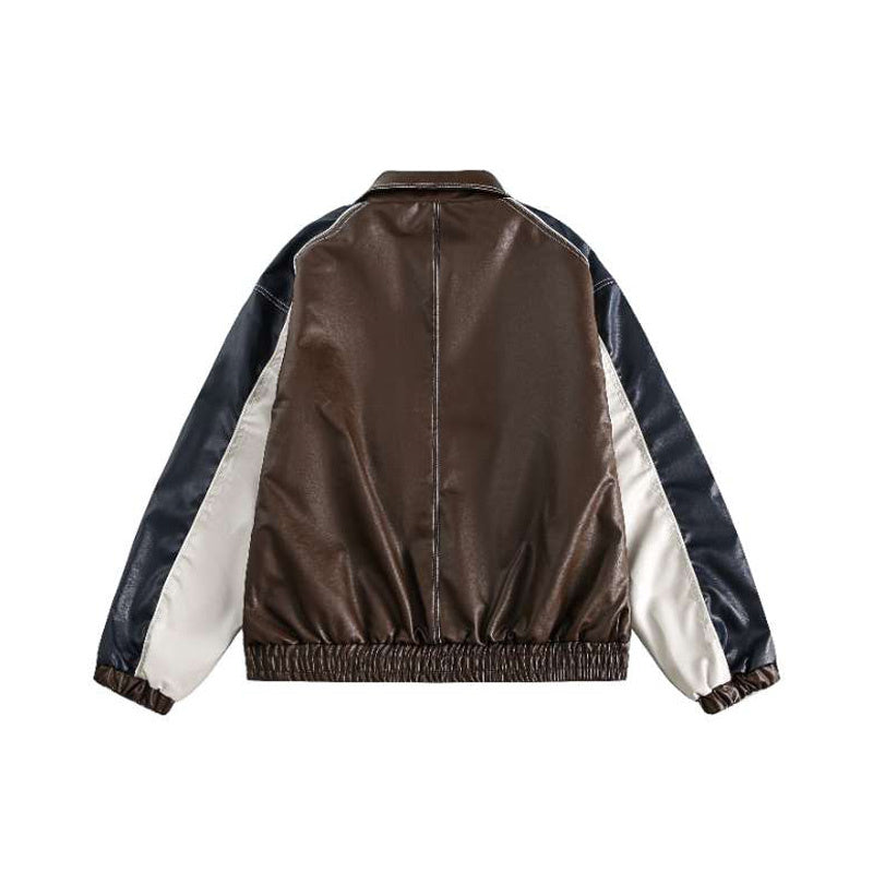 Colorblock Leather Outdoor Jacket